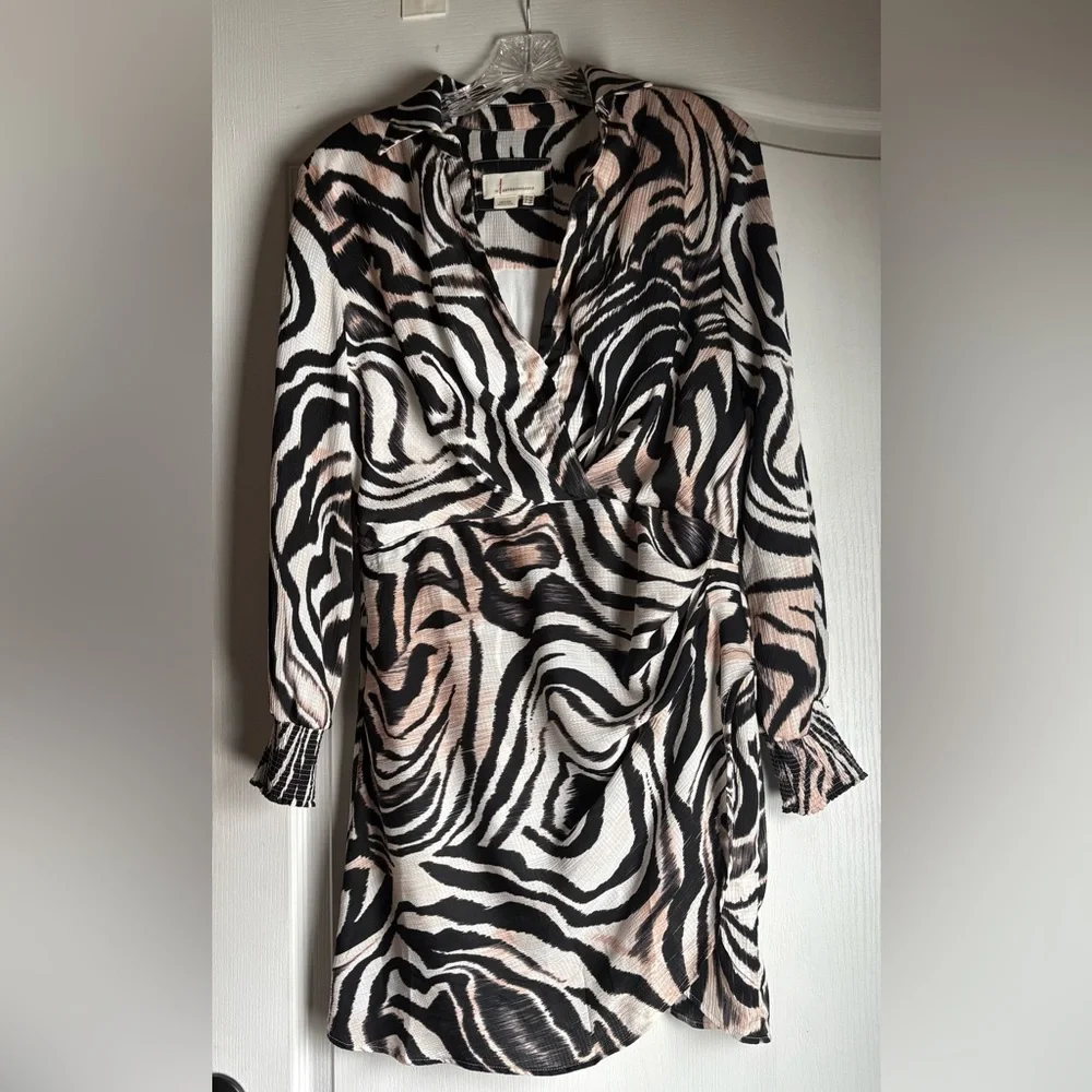 Anthropologie Faux Wrap Zebra Print Long Sleeve Mini Dress sz 12P - Picture 3 of 15